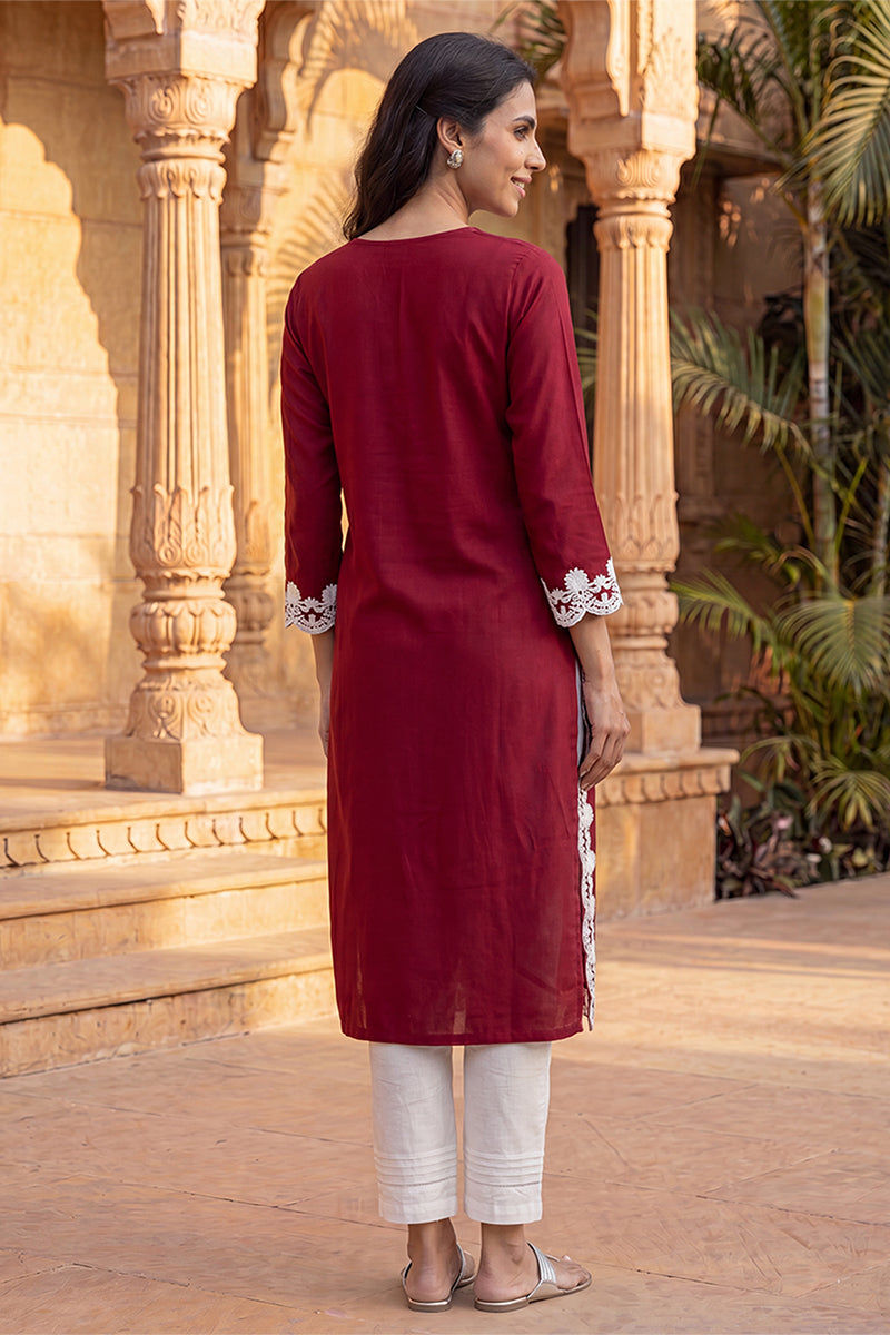 Ahika Womens Red Viscose Rayon Solid Embroidered Regular Kurta VCK9819
