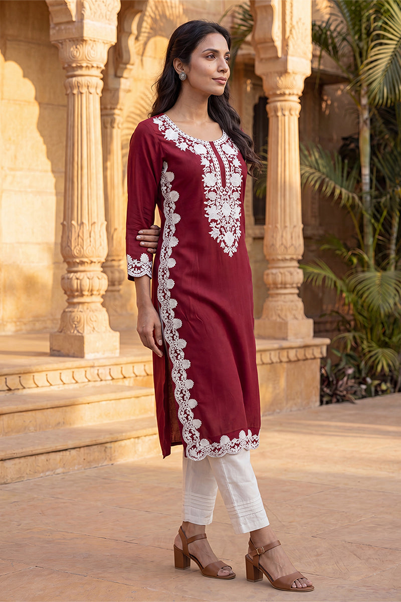 Ahika Womens Red Viscose Rayon Solid Embroidered Regular Kurta VCK9819