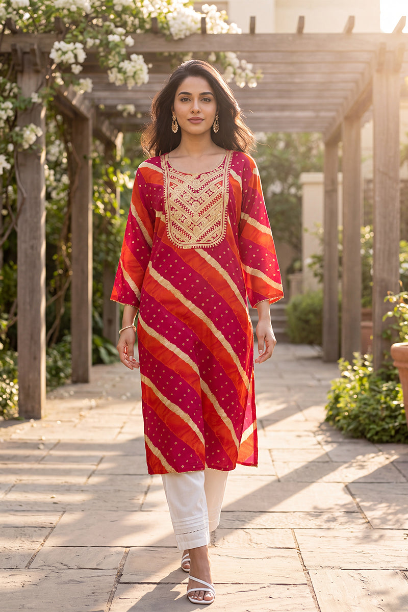 Ahika Women's Multicolor Leheriya Printed Rayon Kurta VCK9831