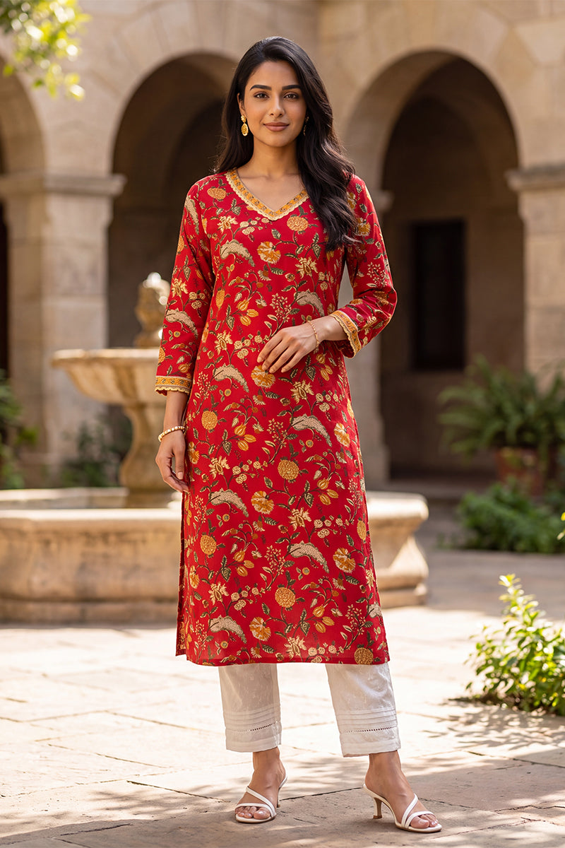 Ahika Women's Red Floral Printed Cotton Kurta VCK9832