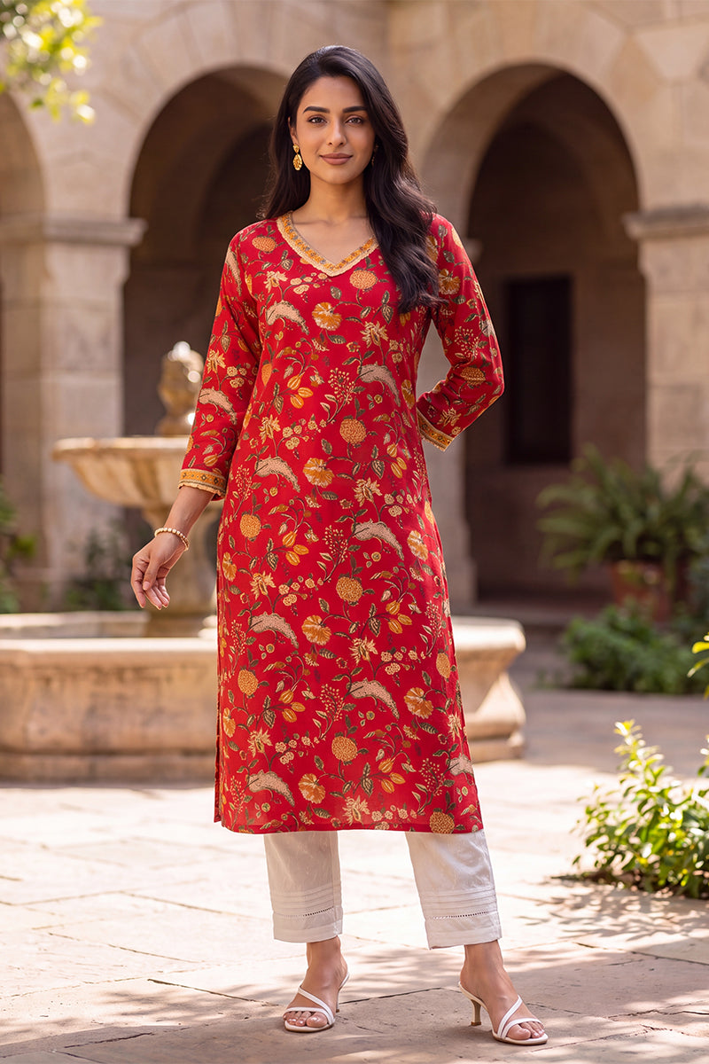 Ahika Women's Red Floral Printed Cotton Kurta VCK9832