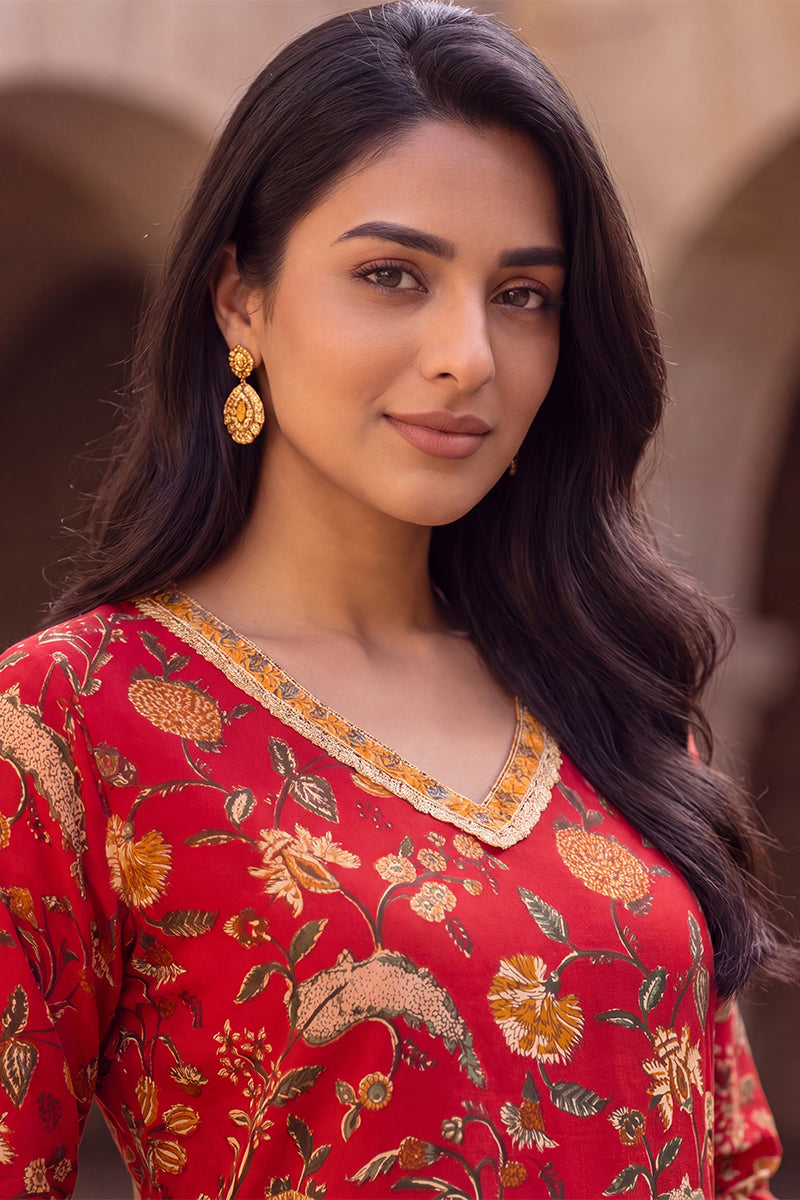 Ahika Women's Red Floral Printed Cotton Kurta VCK9832