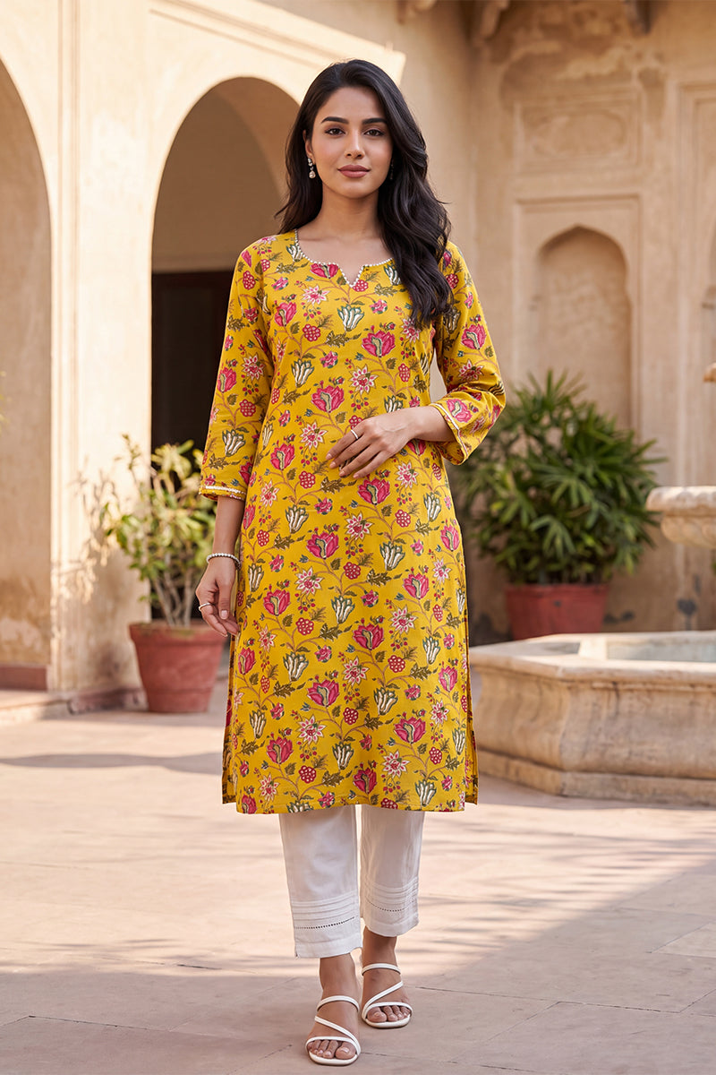 Ahika Women's Yellow Floral Printed Rayon Kurta VCK9833