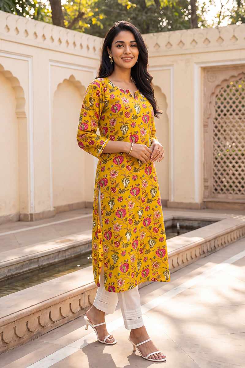 Ahika Women's Yellow Floral Printed Rayon Kurta VCK9833