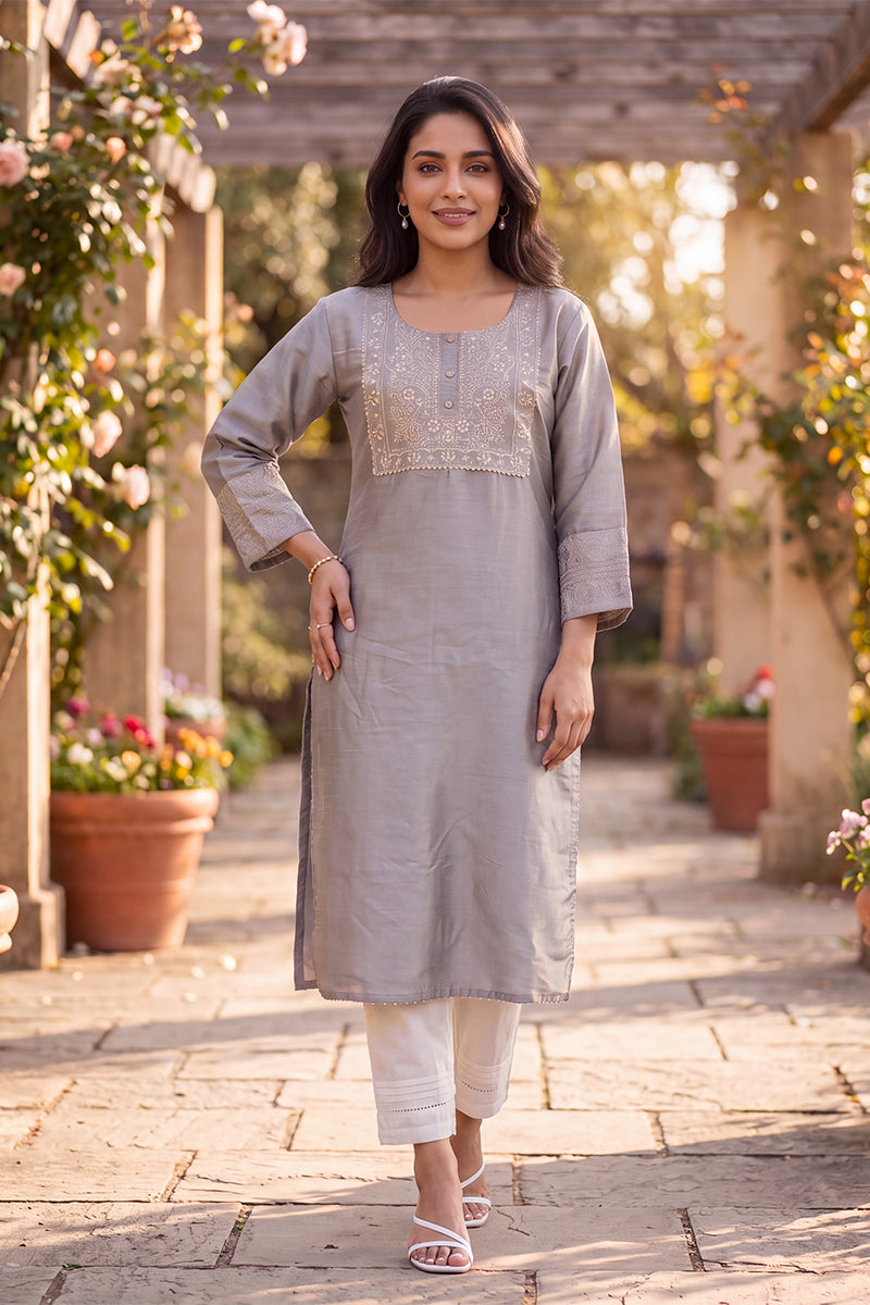 Ahika Women's Grey Solid Embroidered Silk Blend Kurta VCK9834