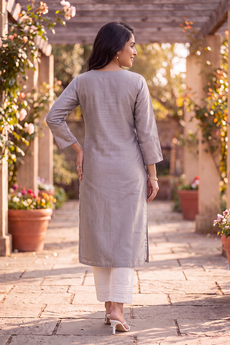 Ahika Women's Grey Solid Embroidered Silk Blend Kurta VCK9834