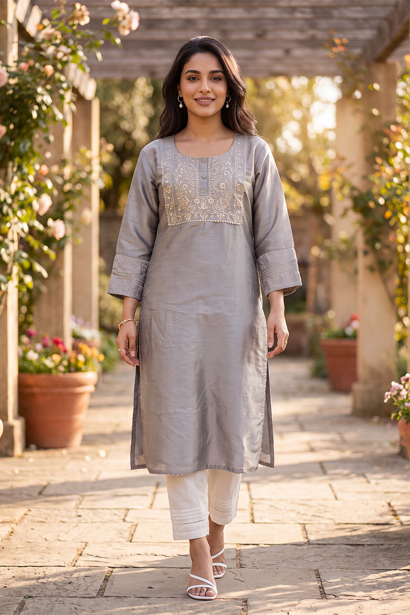 Ahika Women's Grey Solid Embroidered Silk Blend Kurta VCK9834