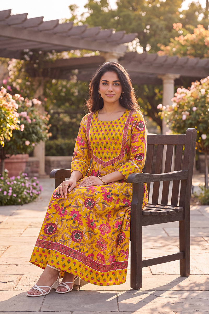 Ahika Women's Yellow Floral Printed Cotton Blend Kurta VCK9835