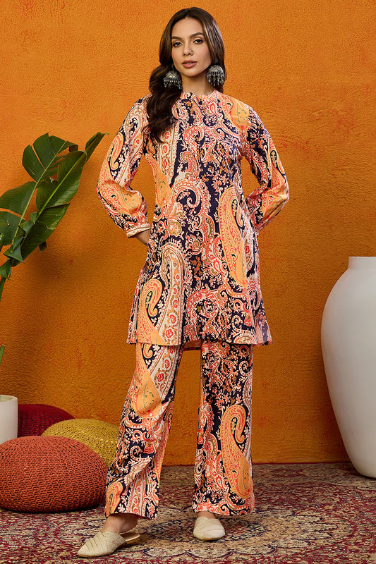 Orange Rayon Blend Paisley Printed Straight Co-ords Sets VCORD1031