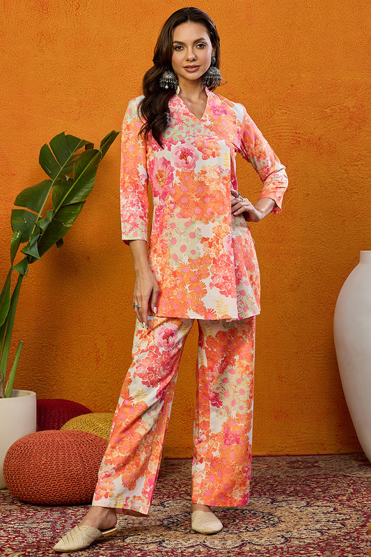 Orange Rayon Blend Floral Printed Straight Co-ords Sets VCORD1033