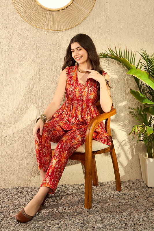 Orange Rayon Blend Ikkat Printed Co-Ord Set VCORD1038