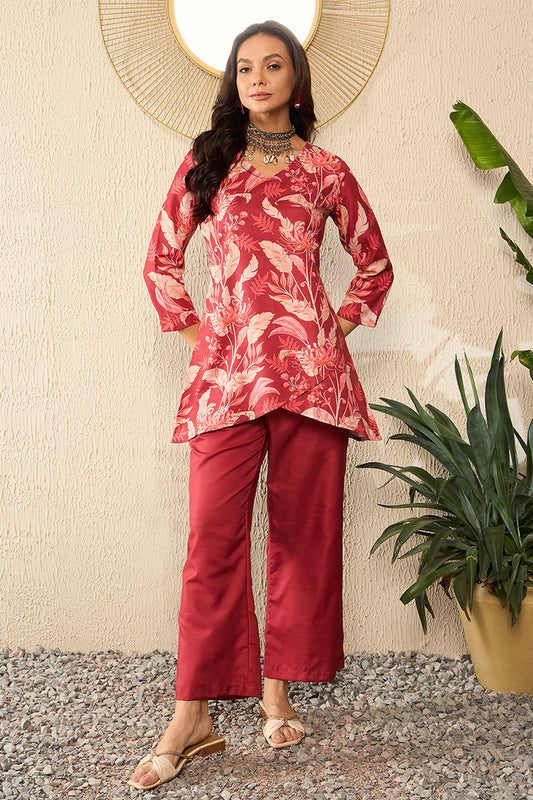 Red Rayon Blend Floral Printed Co-Ord Set VCORD1078