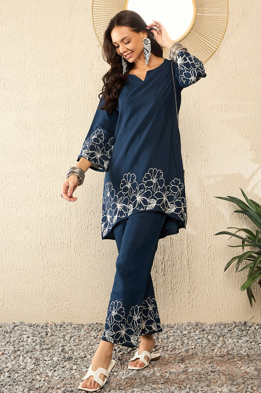 Blue Silk Blend Solid Embroidered Coord Sets VCORD1101