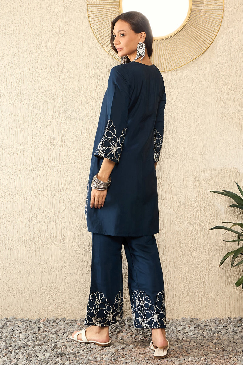 Blue Silk Blend Solid Embroidered Coord Sets VCORD1101