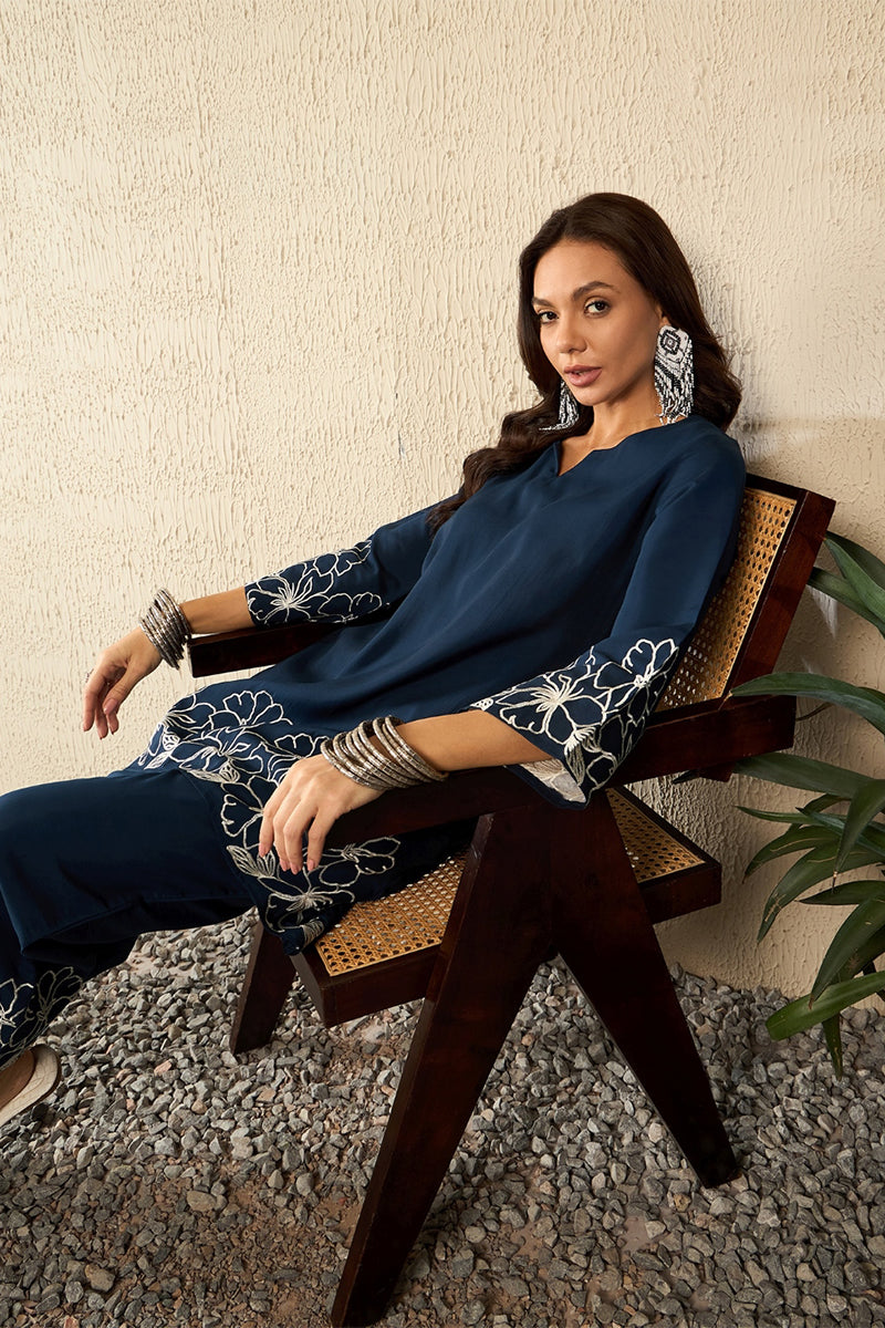 Blue Silk Blend Solid Embroidered Coord Sets VCORD1101