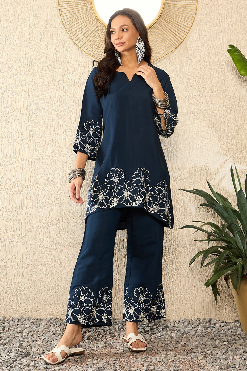 Blue Silk Blend Solid Embroidered Coord Sets VCORD1101
