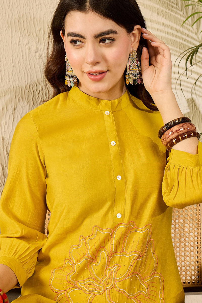 Mustard Silk Blend Solid Embroidered Regular Coord Sets VCORD1104