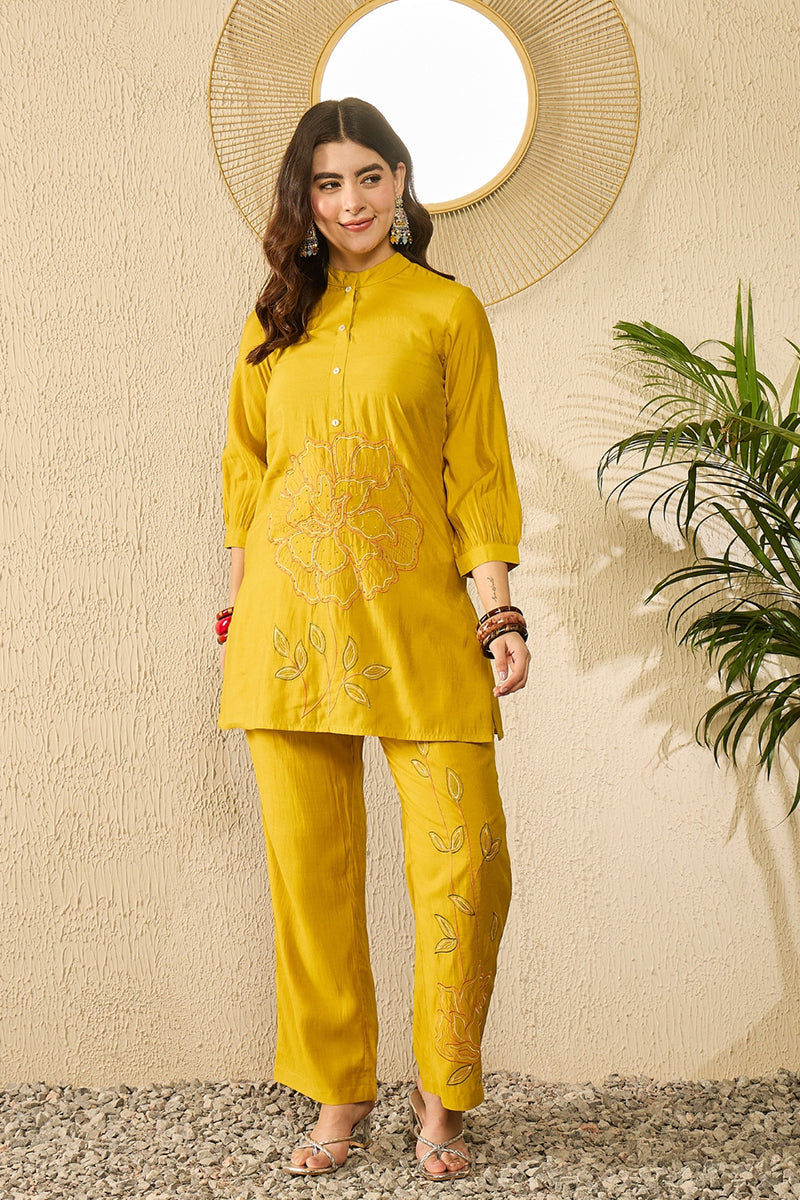 Mustard Silk Blend Solid Embroidered Regular Coord Sets VCORD1104