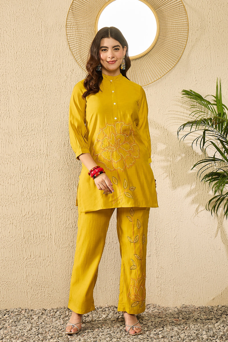 Mustard Silk Blend Solid Embroidered Regular Coord Sets VCORD1104