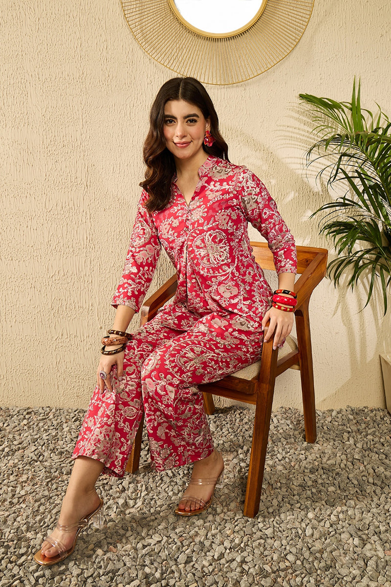 Red Rayon Blend Floral Printed Co-Ord Set VCORD1110