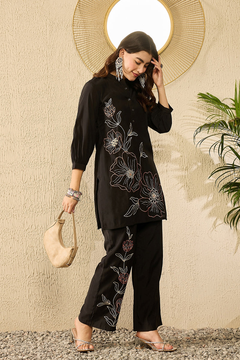 Black Silk Blend Solid Embroidered Coord Sets VCORD1113