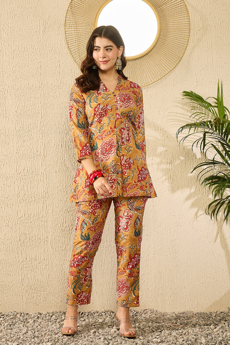 Mustard Yellow Rayon Blend Floral Printed Co-Ord Set VCORD1122