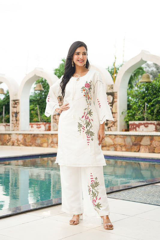 White Silk Blend Solid Embroidered Coord Sets VCORD1132