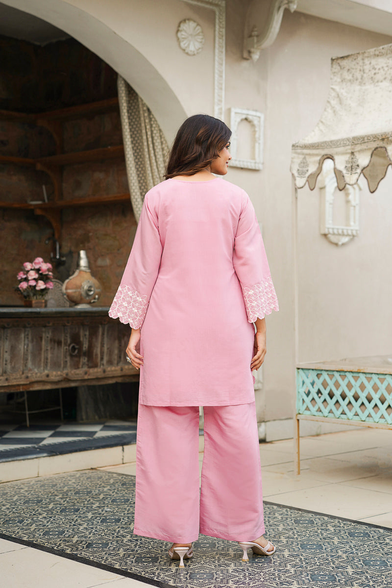 Pink Silk Blend Solid Embroidered Cut Work Coord Sets VCORD1133