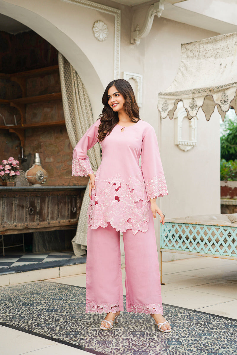 Pink Silk Blend Solid Embroidered Cut Work Coord Sets VCORD1133