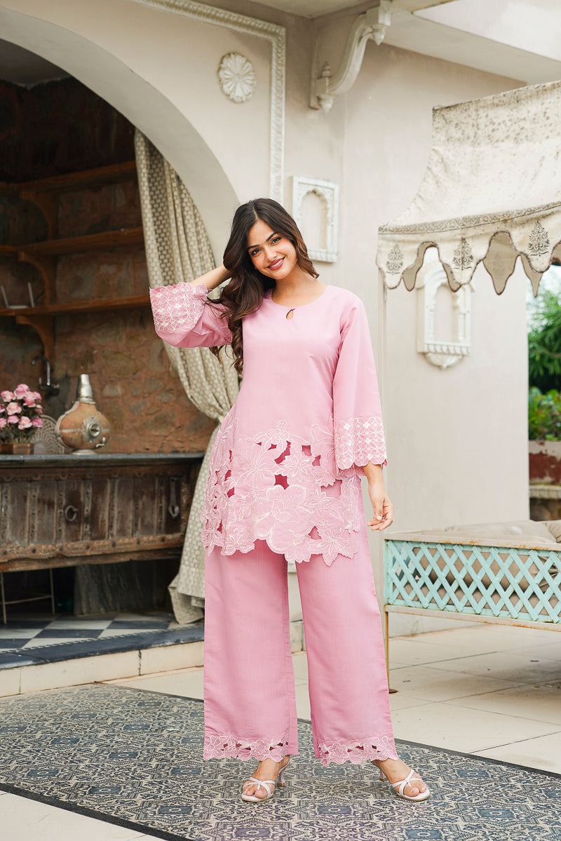 Pink Silk Blend Solid Embroidered Cut Work Coord Sets VCORD1133