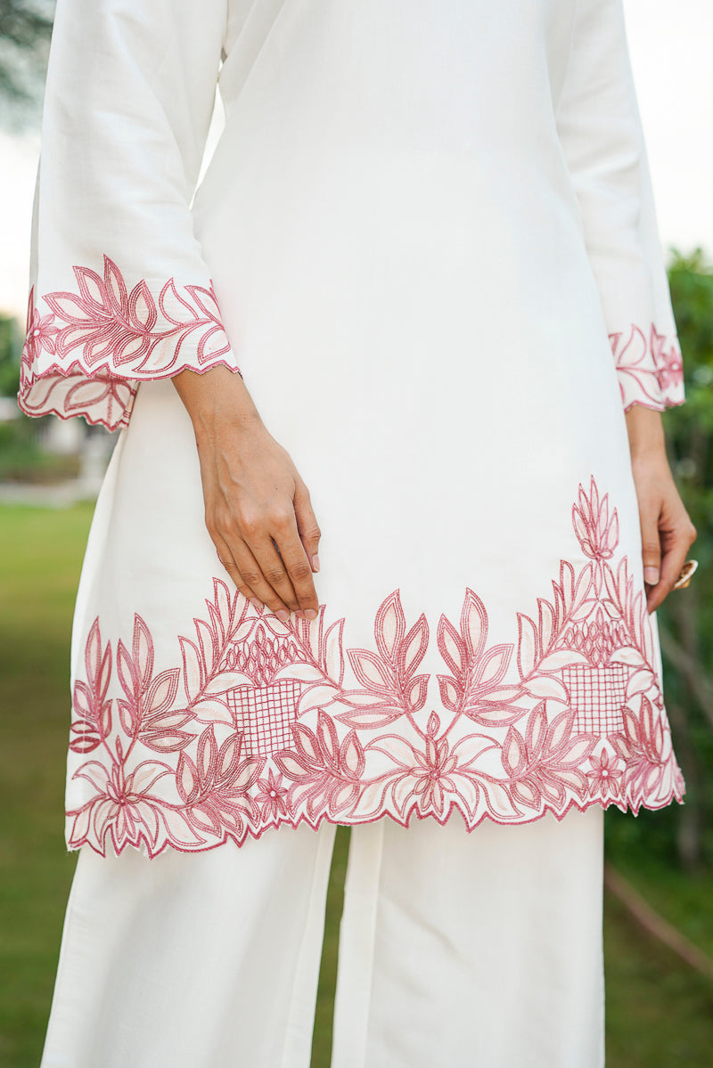 White Silk Blend Solid Embroidered Coord Sets VCORD1135