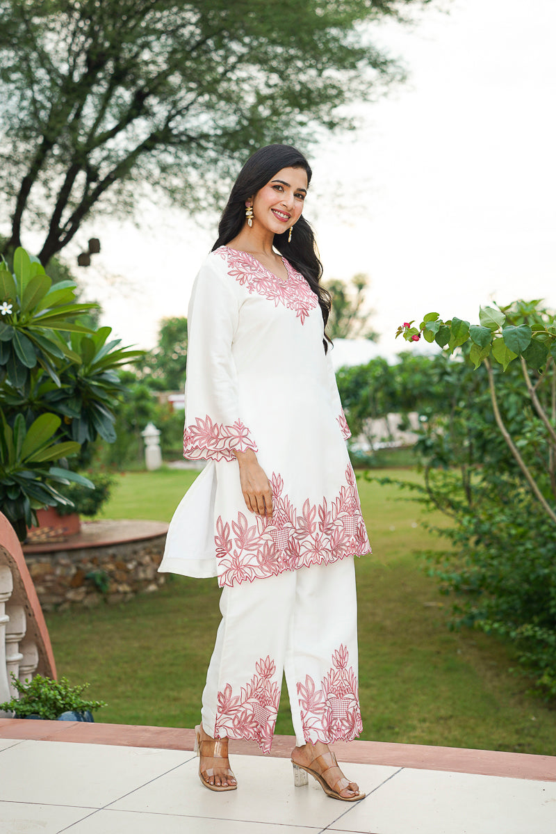 White Silk Blend Solid Embroidered Coord Sets VCORD1135
