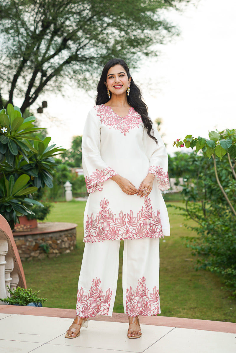 White Silk Blend Solid Embroidered Coord Sets VCORD1135