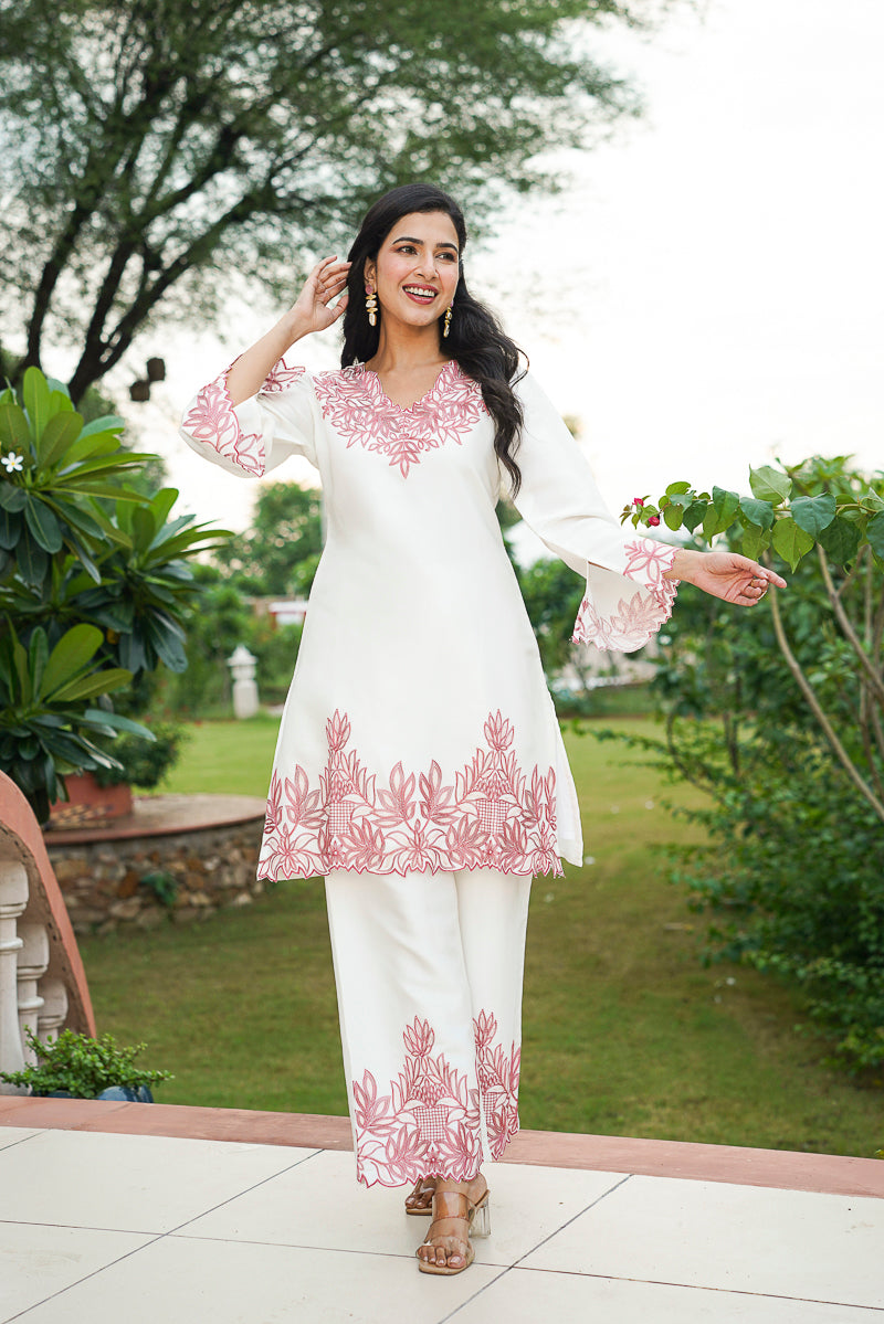 White Silk Blend Solid Embroidered Coord Sets VCORD1135