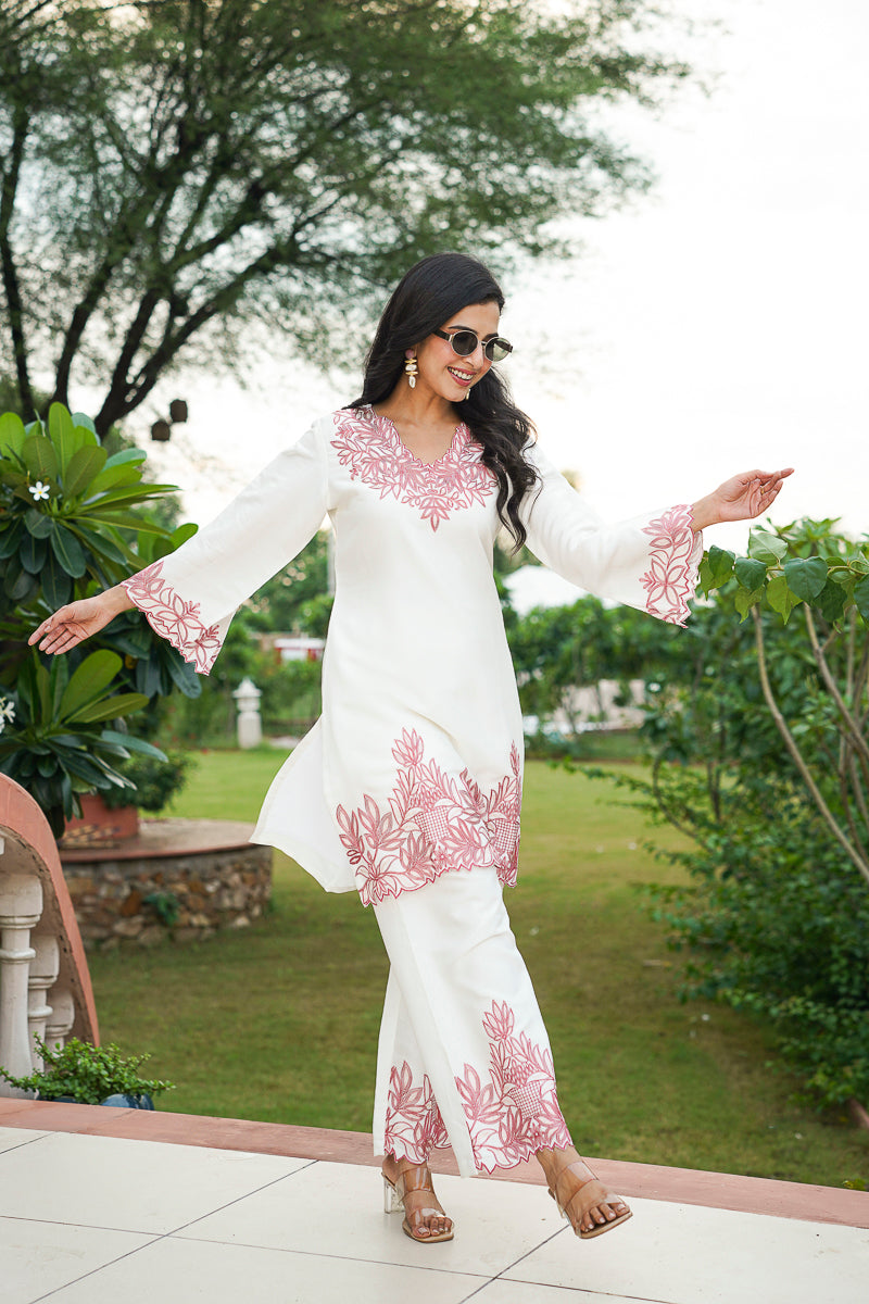 White Silk Blend Solid Embroidered Coord Sets VCORD1135