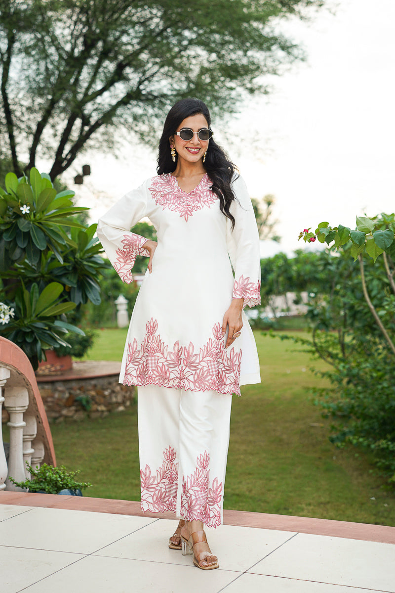 White Silk Blend Solid Embroidered Coord Sets VCORD1135