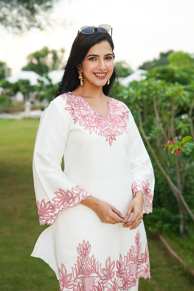 White Silk Blend Solid Embroidered Coord Sets VCORD1135