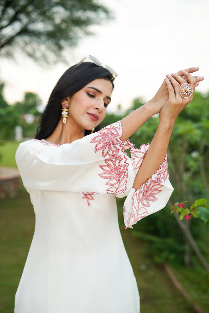 White Silk Blend Solid Embroidered Coord Sets VCORD1135