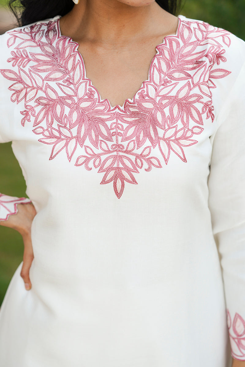 White Silk Blend Solid Embroidered Coord Sets VCORD1135