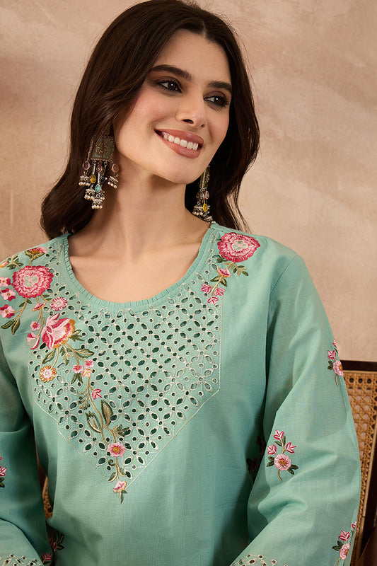 Blue Pure Cotton Embroidered Straight Coord Sets VCORD1136