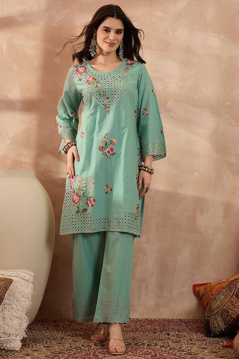 Blue Pure Cotton Embroidered Straight Coord Sets VCORD1136