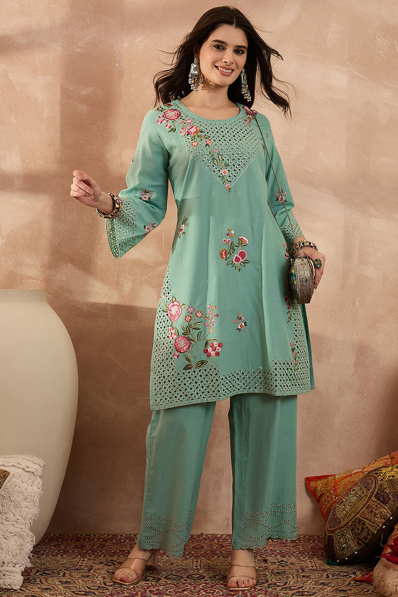 Blue Pure Cotton Embroidered Straight Coord Sets VCORD1136