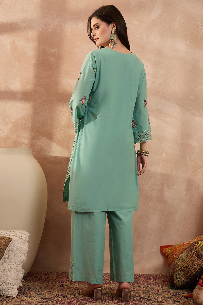 Blue Pure Cotton Embroidered Straight Coord Sets VCORD1136