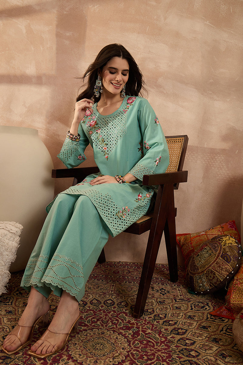 Blue Pure Cotton Embroidered Straight Coord Sets VCORD1136
