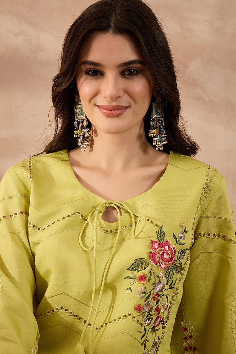 Green Silk Blend Embroidered Straight Coord Sets VCORD1140