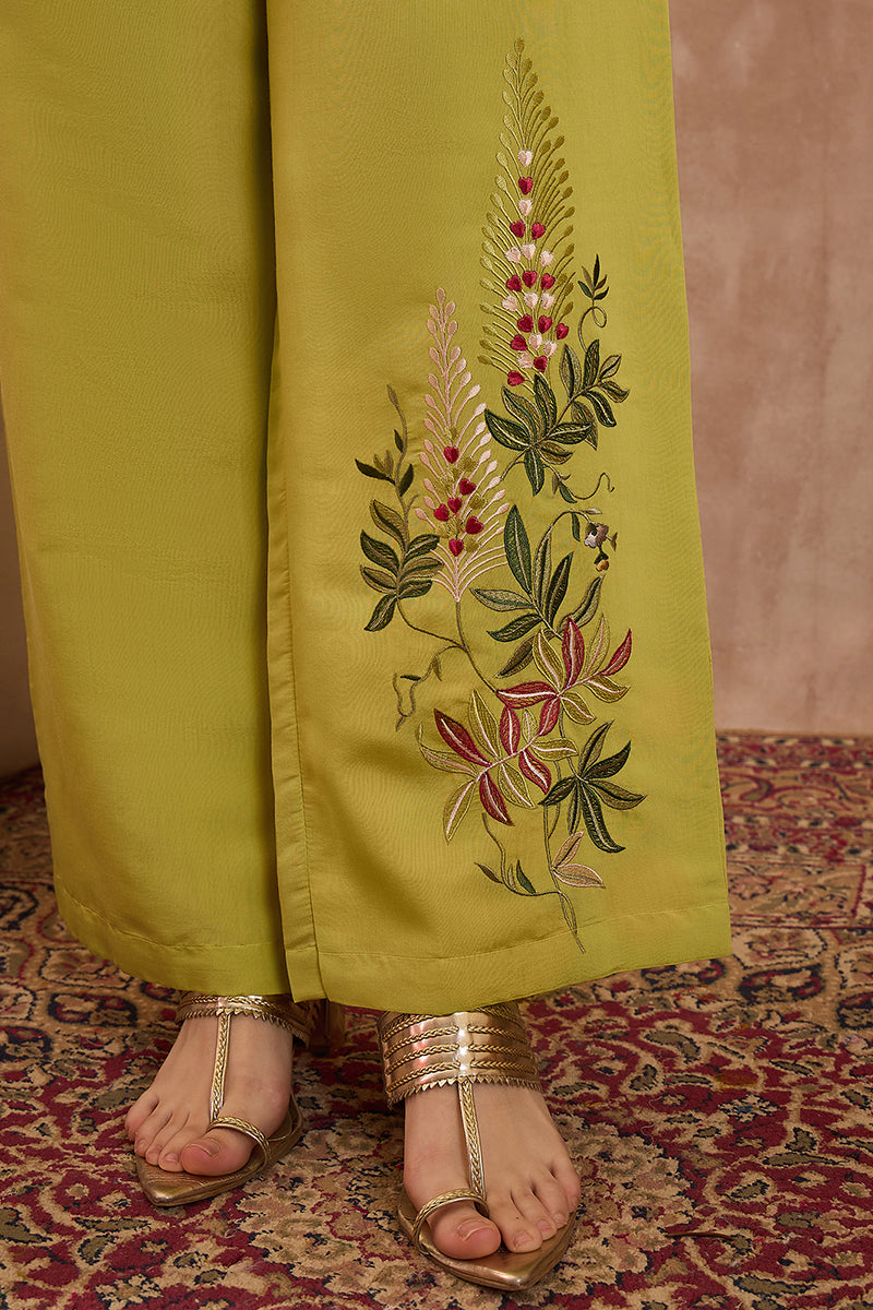 Green Silk Blend Embroidered Straight Coord Sets VCORD1140
