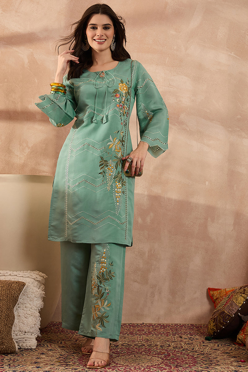 Blue Silk Blend Embroidered Straight Coord Sets VCORD1141