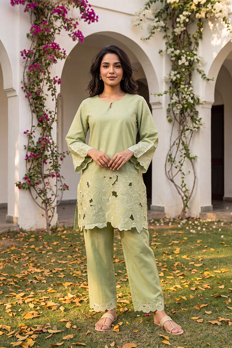 Ahika Green Embellished Silk Blend Round Neck Co-Ords VCORD1143