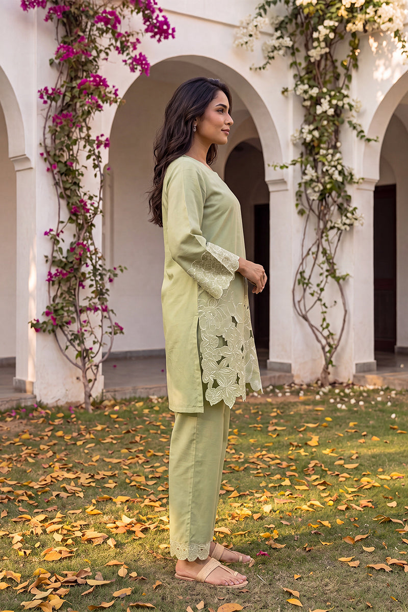 Ahika Green Embellished Silk Blend Round Neck Co-Ords VCORD1143