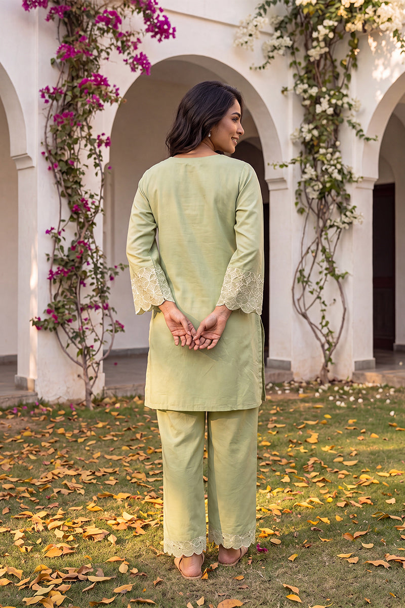 Ahika Green Embellished Silk Blend Round Neck Co-Ords VCORD1143
